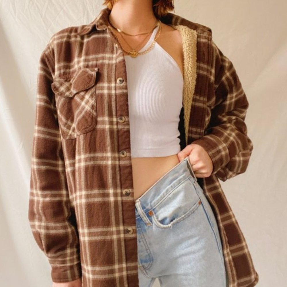 Wrangler Brown Plaid Sherpa-Lined Flannel Shirt Jacket